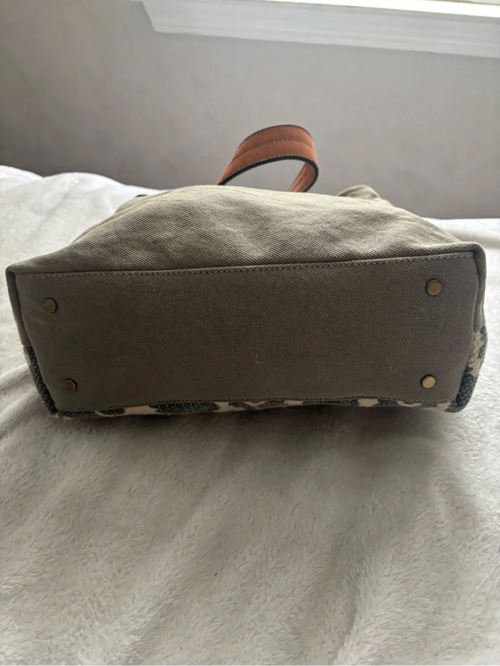 Myra Brown Leather & Ivory Patterned Hobo Canvas Crossbody Shoulder Bag